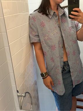 Embroidered Light Blue Short Sleeve Button-Down Shirt